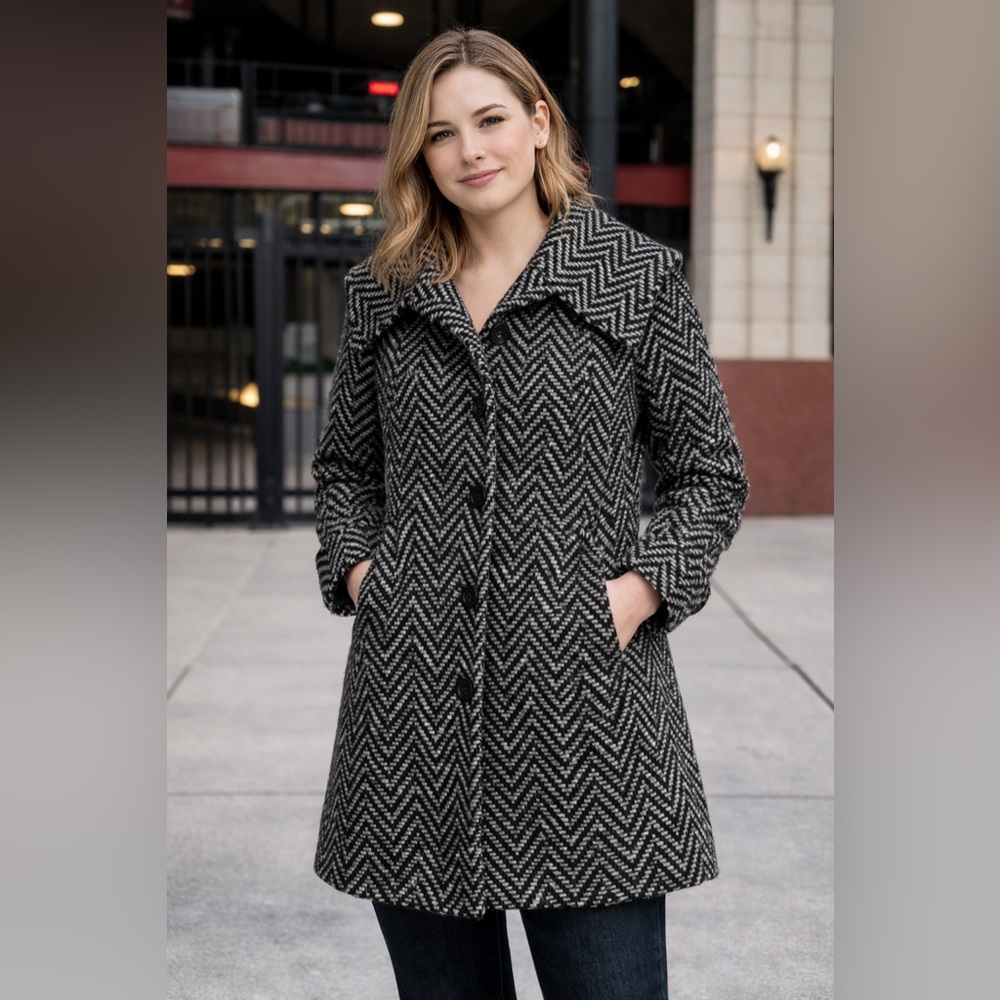 Chic Black and White Herringbone Coat